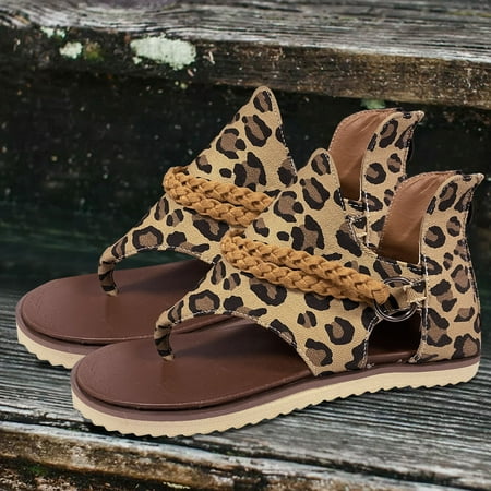 

HGWXX7 Ladies Fashion Leopard Print Canvas Clip Toe Zipper Casual Flat Sandals Shoes For Women Brown 38