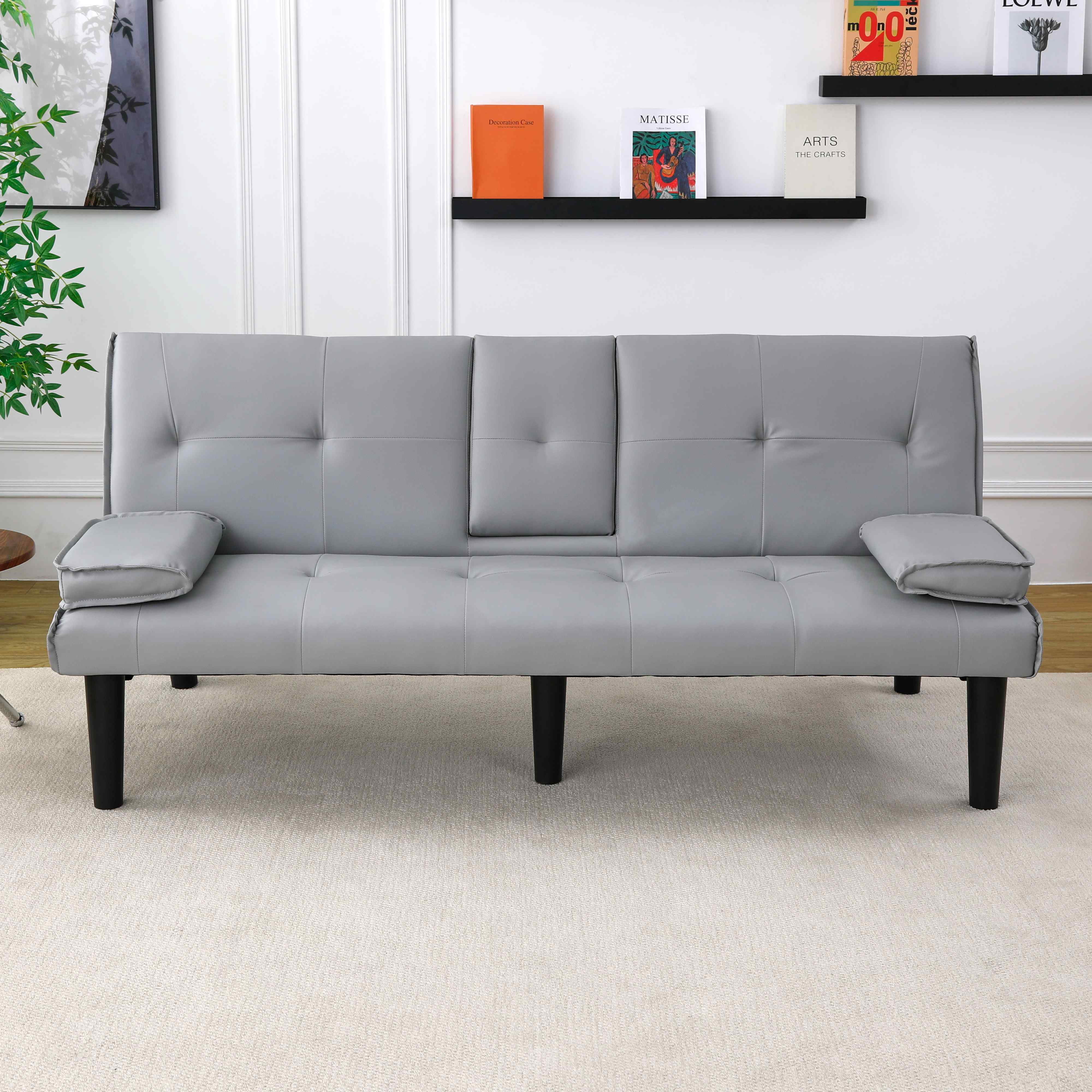 FFH 67" Futon Sofa Bed Loveseat Sleeper with Cup Holders, Folding PVC Couch for Small Spaces, Gray