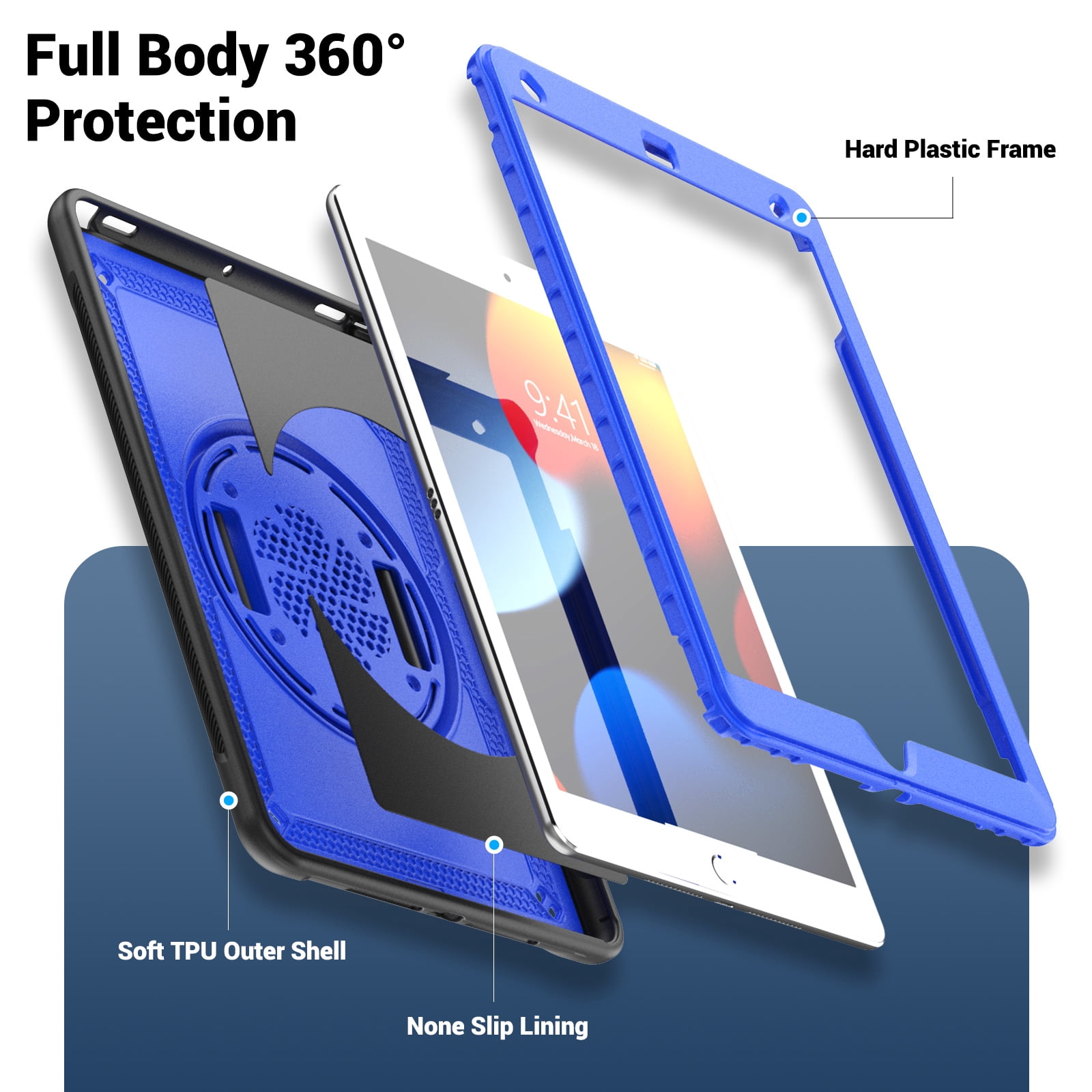 ELEHOLD Case for Apple iPad 10.2 2021/2020/2019 Pro 10.5'2017)(Air 3 10.5 (2019),Soft TPU Rugged Durable Case with 360° Rotating Hand Strap & Foldable Hidden Stand & Pencil Holder,Darkblue