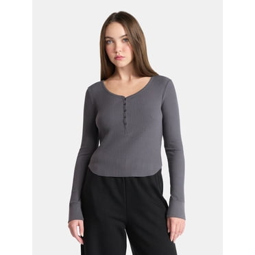 No Boundaries Scoop Neck Shirttail Henley Top with Long Sleeves, Women’s