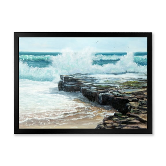 Designart 'Wild Ocean Waves Breaking On The Shore' Nautical & Coastal Framed Art Print