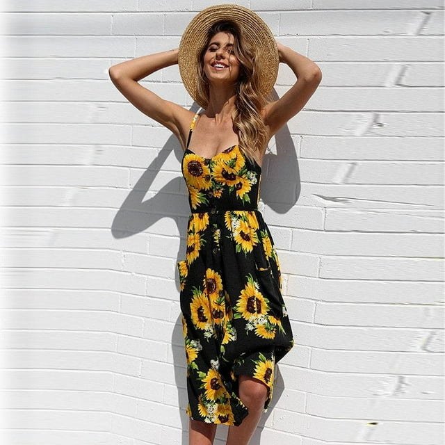 AMERTEER Robes à Imprimé Floral pour Femmes Été Aguichant Col en V Robe Longue Élégante Décontractée Sans Manches Dos Nu Robe de Soirée