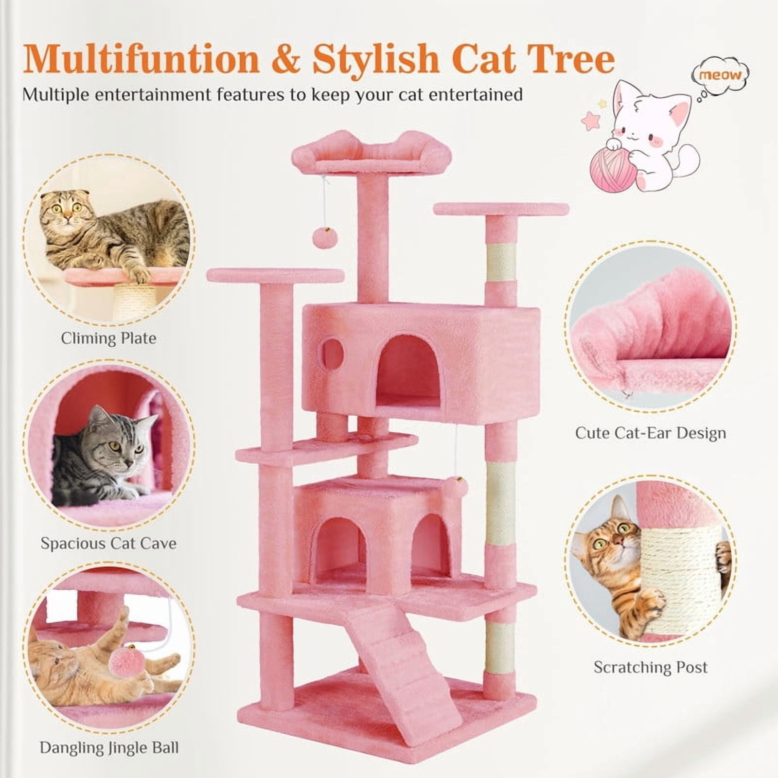 Kelno 54" Cat Tree Tower Durable Cat Climbing Tower with Sisal Scratching Posts Cozy Condo Hammock and Platforms, Pink