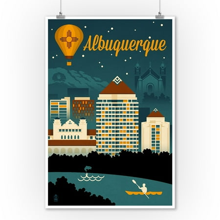 Mexican Art Artists - Albuquerque, New Mexico - Retro Skyline - Lantern Press Artwork (9x12 Art Print, Wall Decor Travel Poster)