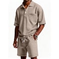 thumbnail image 2 of Men's Waffle Shirt and Shorts Set 2 Piece Outfits Casual Summer Tracksuits Set with Pockets Khaki S, 2 of 4