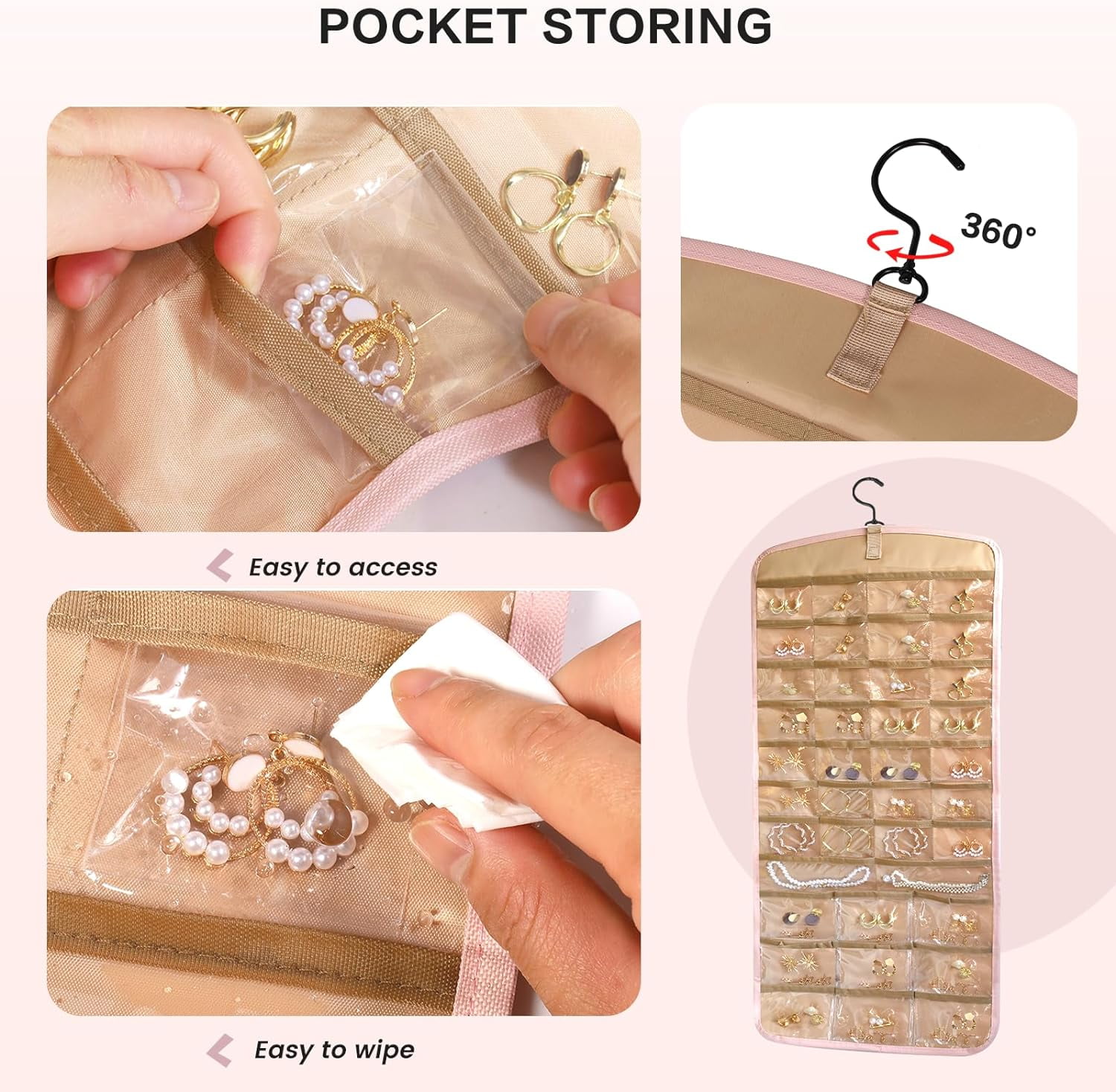 Hanging Jewelry Organizer Storage Roll with Hanger Metal Hooks Double-Sided Jewelry Holder for Earrings Necklaces Rings on Closet Wall Door, 1 piece