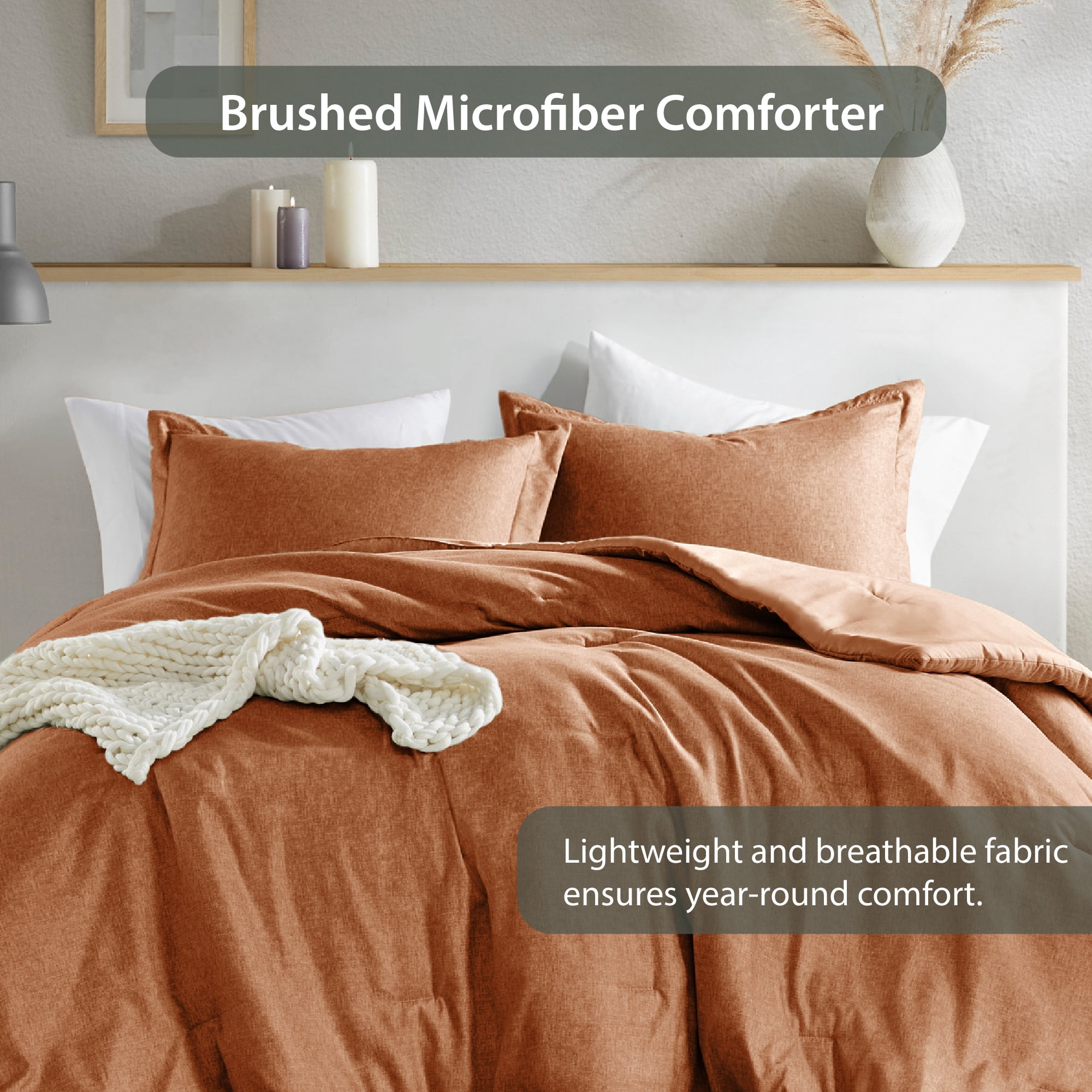 Regency Heights Full/Queen Comforter Sets, Reversible 3 Piece Extra Soft Bedding Set, Chambray Print Burnt Orange Comforter Bed Set with Pillow Shams