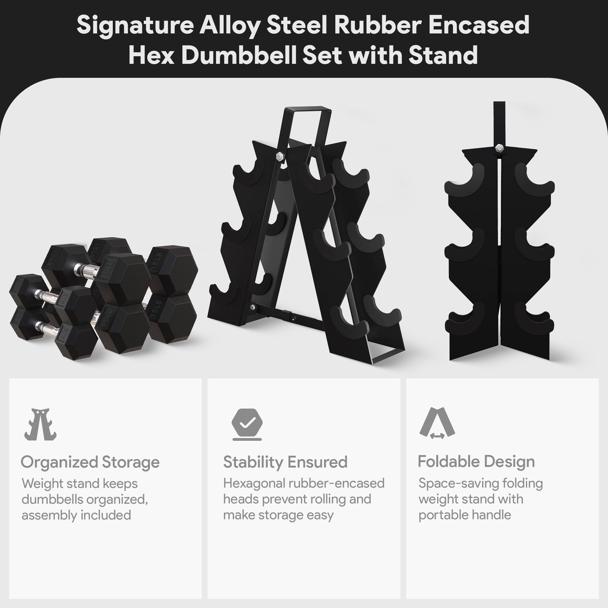 BalanceFrom 60 lb Rubber Coated Iron Dumbbell Hex Weights Set with A-Frame Rack, Black