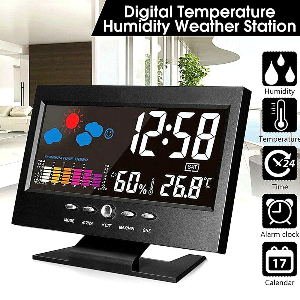 Desk Digital Alarm Clock Weather Thermometer  LED Temperature Humidity Monitor 