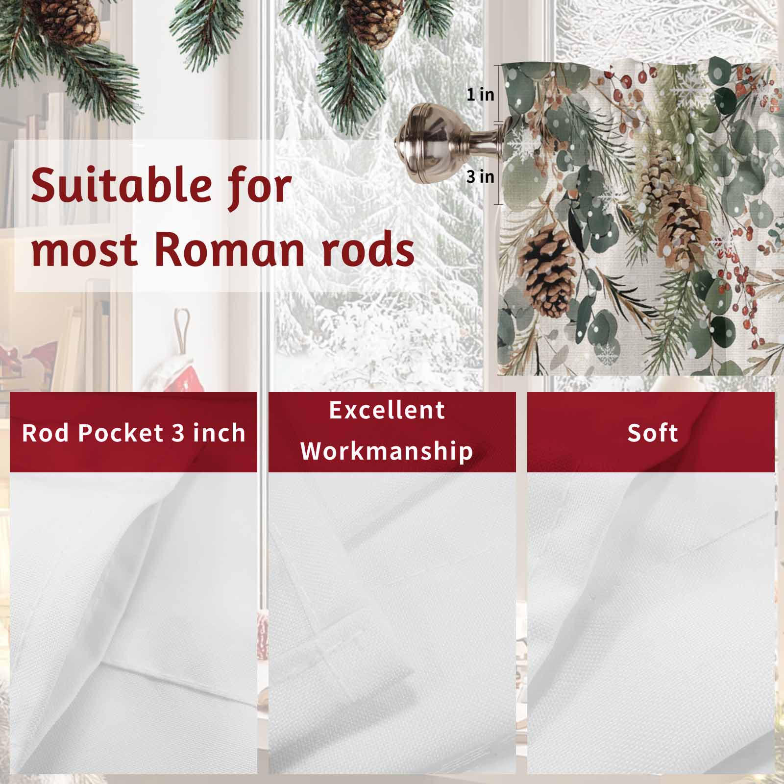 Christmas Winter Valance Curtain for Windows Pine Tree Berry Eucalyptus Retro Linen Curtain Valances Short Window Treatments Panels for Kitchen Bathroom Laundry Room Basement 60 x 18 Inch