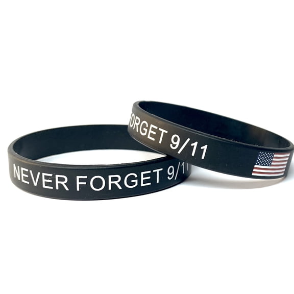 9-11 Never Forget Wristband 911 American Flag Thin Line Silicone Bracelet Twin Towers World Trade center Memorial (2-pack) By Malayan