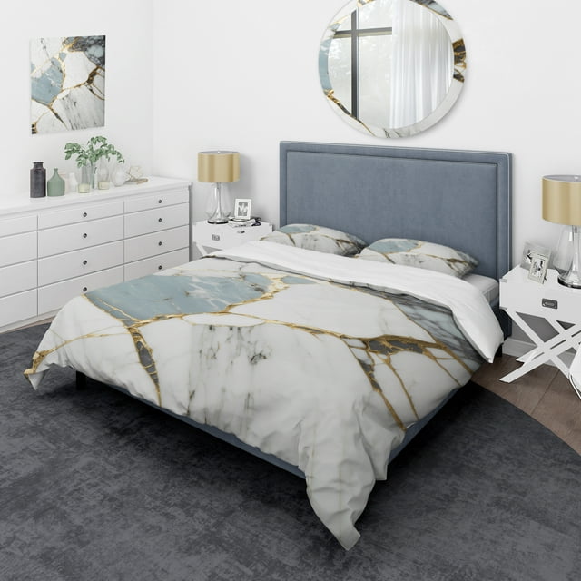 Designart "Gold and Alabaster Geode Marble I" Ensemble de Literie en Marbre Abstrait - Lit Abstrait Blanc Moderne avec 2 Sommiers