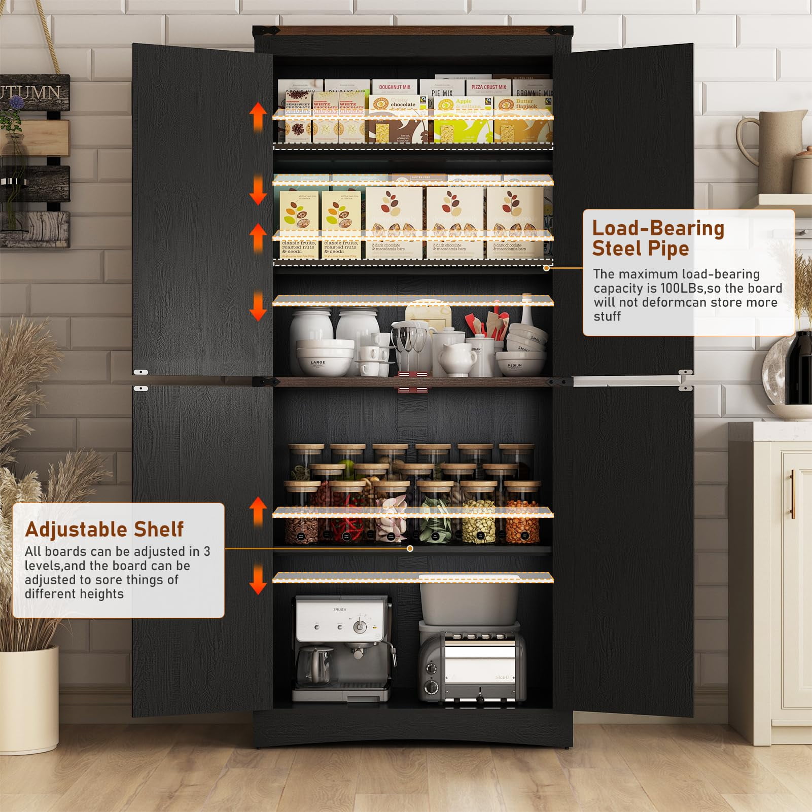 71" Tall Farmhouse Kitchen Pantry Storage Cabinet, 5 Layers Storage Cabinet with Adjustable Shelves, Pantry Cabinet with 4 Barn Doors for Kitchen, Dining Room, Bathroom, Living Room, Rustic Black