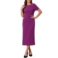 thumbnail image 2 of INSPIRE CHIC Women's Formal Dress Crewneck Short Sleeve Pleated Waist Dressy Work Sheath Dresses L Purple, 2 of 6