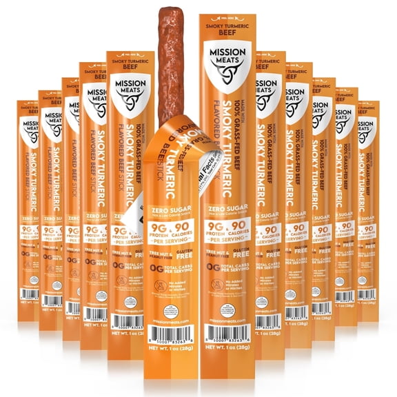 Mission Meats Beef Sticks – 100% Grass Fed & Pasture Raised, Sugar Free, Individually Wrapped Healthy Snacks, Whole 30 & Paleo Friendly, Smoky Turmeric 1oz (Pack of 12)