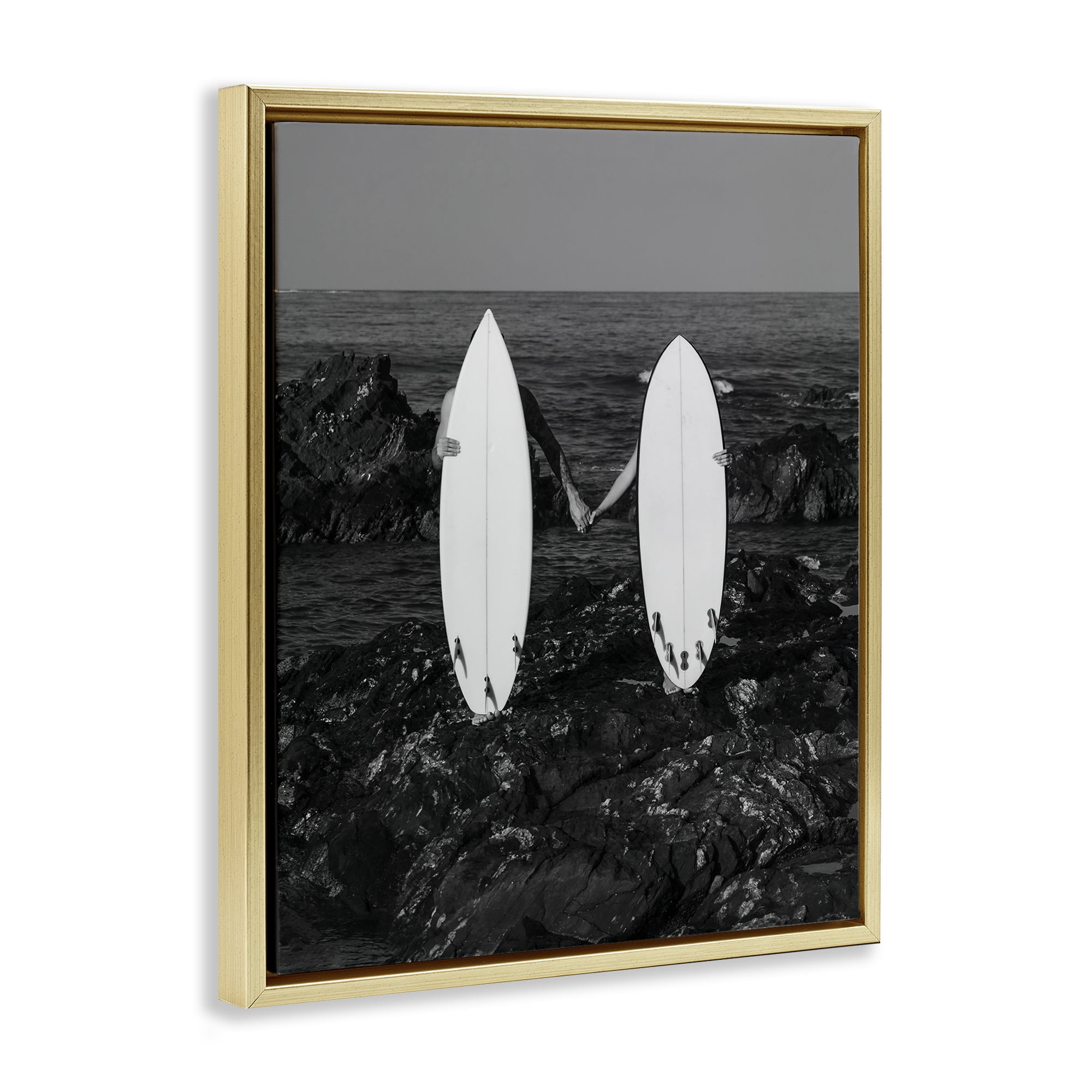 Stupell Industries Romantic Surfer Couple Sports Photography Gold Floater Framed Canvas Art Print Wall Art, 25 x 31