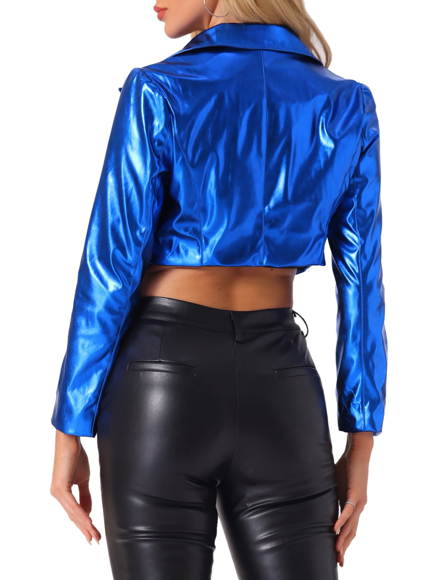 INSPIRE CHIC Women's Fashion Lapel Long Sleeve Metallic Holographic Shiny Jacket XS Blue