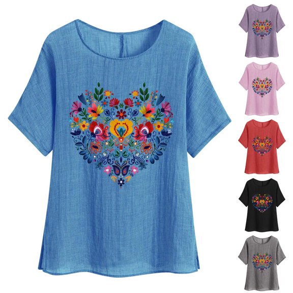 Feancey Womens Beach Tops Summer Casual Cotton Linen Blouse Boho Floral Printed T-Shirts Loose Fit Short Sleeve Crewneck Tee Vacation Tshirt Todays Clearance Sales Black S