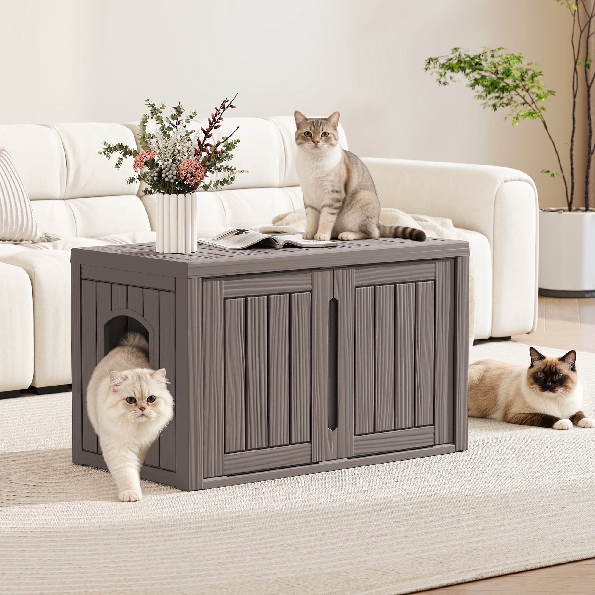Bifanuo Outdoor Cat House, Waterproof Resin Cat House, Multi-Functional Cat Shelter, Assemble Easily for Home & Yard, Gray