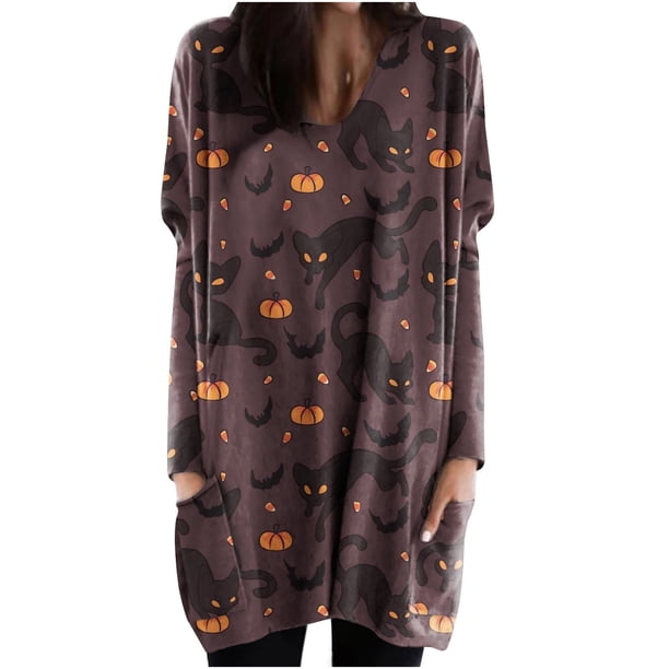 Camisas Para Mujer Casual Manga Larga Cuello Redondo Bolsillo Blusa Suelta Festival Impreso Tops Odeerbi ODB126999