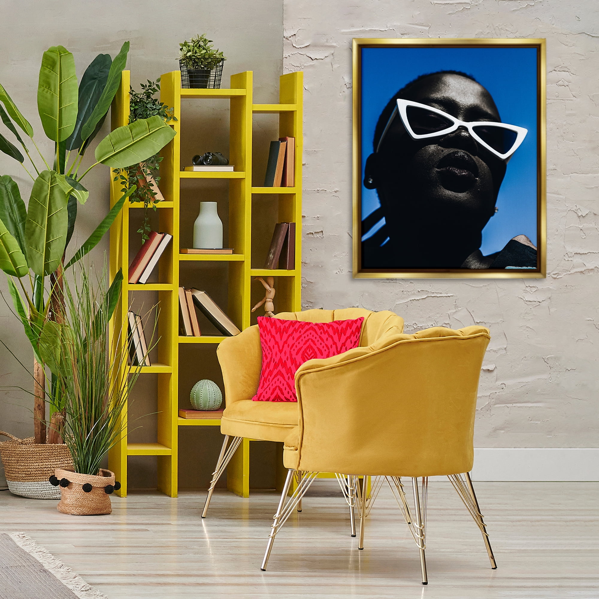 Stupell Industries Stylish Sunglasses on Blue People Photography Gold Floater Framed Canvas Art Print Wall Art, 25 x 31