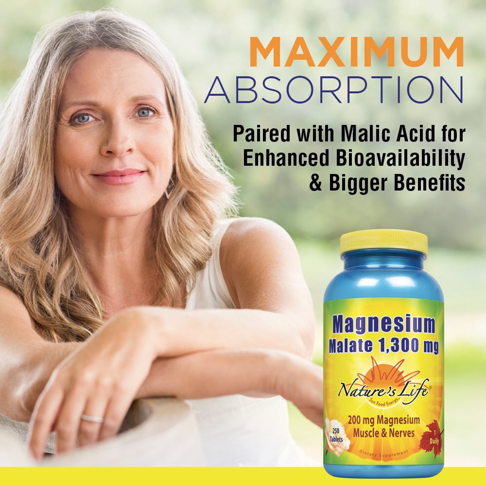 Nature's Life Magnesium Malate 1300mg | With Malic Acid for Maximum  Absorption | May Support Healthy Bones, Teeth & Nerve Function | Non-GMO |  250 Ct - Walmart.com