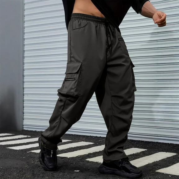 Zylanna Men's Cargo Pants, with Drawstring Elastic Waist Multi Pockets Loose Straight Leg Pants for Men Dark Gray