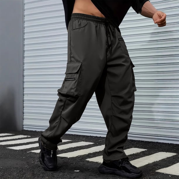 Pantalones largos para hombre, casuales, de moda, de color sólido, con cordón, cintura elástica y bolsillos.