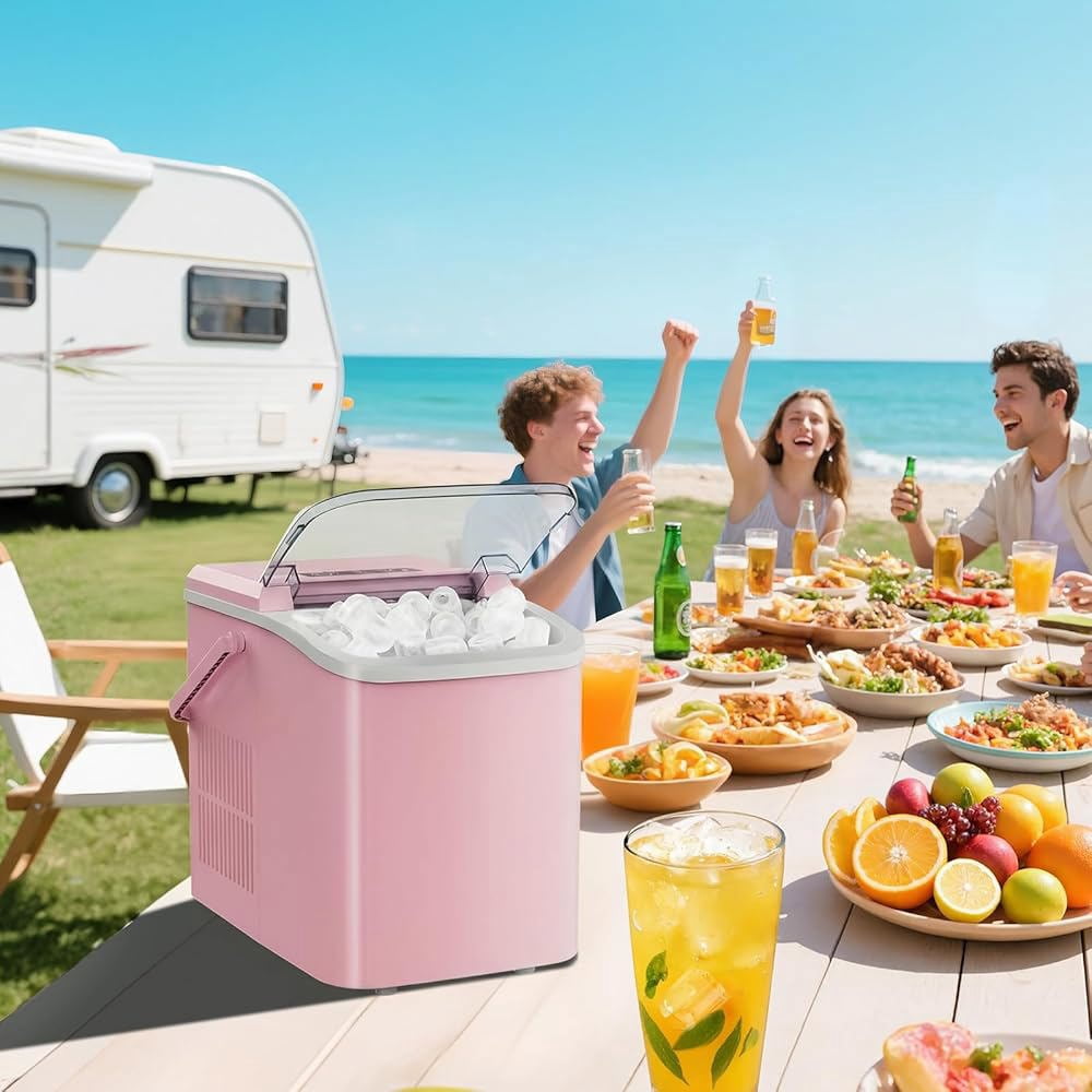 Countertop Ice Maker Portable Machine with Self-Cleaning, 26lbs/24hr, 2 Ice Sizes, Basket & Scoop, Compact Design with Handle for Kitchen, Office, Camping, Pink