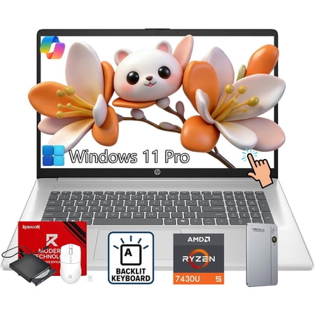 HP 17 Touchscreen Laptop Computer, AMD Ryzen 5 7430U, 17.3" HD+ Anti-Glare Display, 8GB RAM, 512GB SSD, Backlit Keyboard, for Business & Student, Fast Charge, Copilot, HD Camera, Win11 Pro