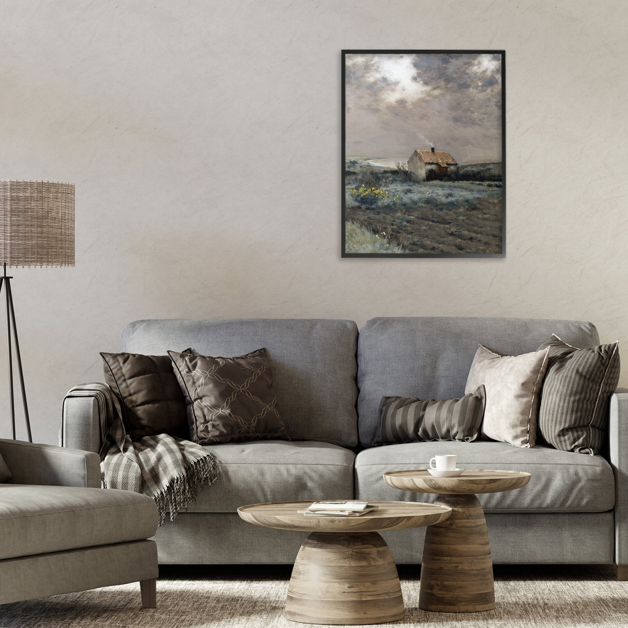 Cabin in Overcast Field Black Framed Giclee Art, design by Lettered and Lined