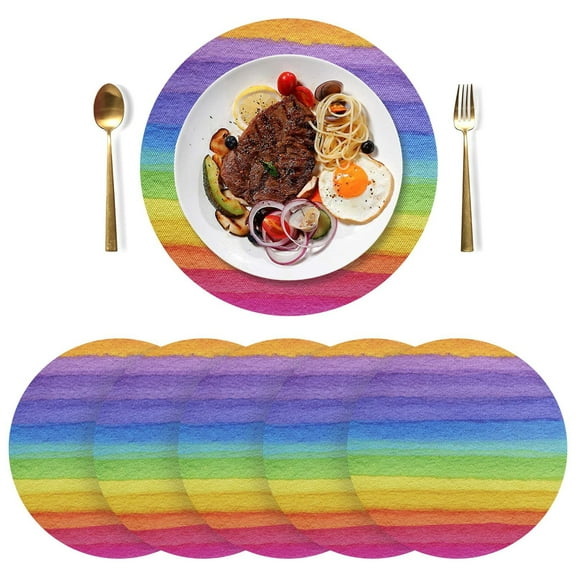 Round Placemats Plate Mats 15 Inch Non-Slip Heat Resistant Washable PVC Set Table Decoration for Kitchen Dining Watercolor Rainbow Colors