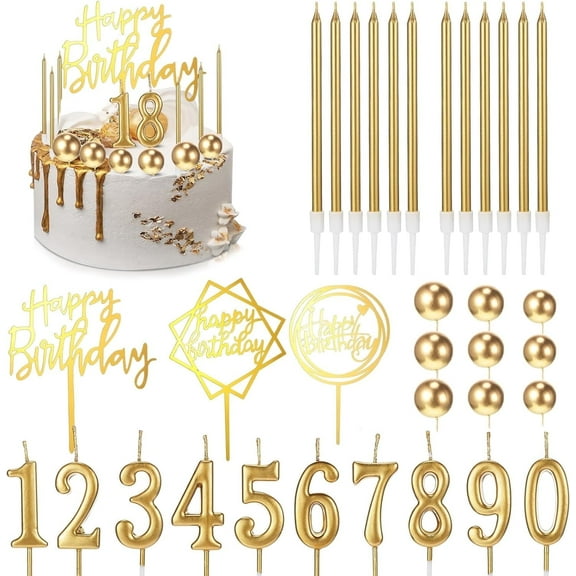 34 Pcs Happy Birthday Cake Toppers Decorations, Birthday Candles DIY Cake Decor for Men Women Wedding Anniversary(Gold)