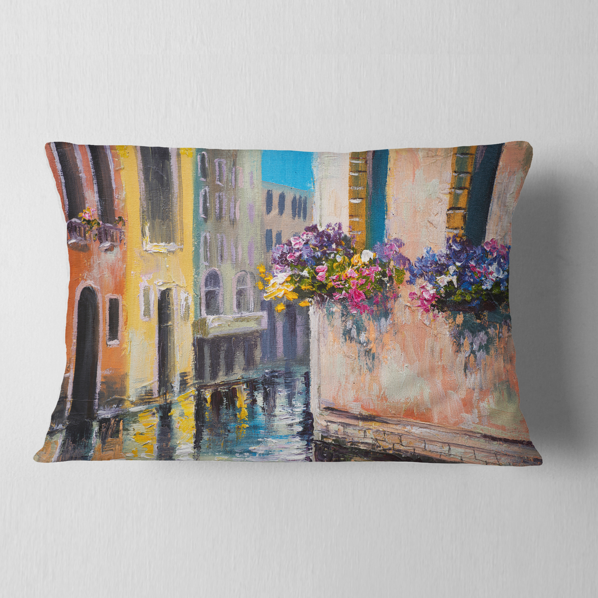 Designart Canal in Venice with Flowers - Cityscape Throw Pillow - 12x20