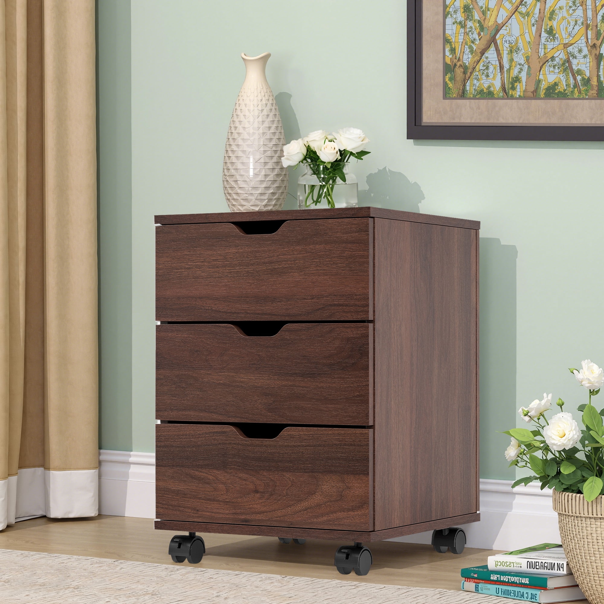 MAYEERTY 3-Drawer Vertical Wood Filing Cabinet with Casters for Home Office, Brown, Non-Assembled