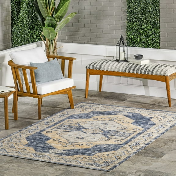 nuLOOM Zazie Traditional Machine Washable Indoor/Outdoor Area Rug, 4' x 6', Zazie Blue