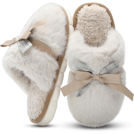 Womens Slippers Memory Foam House Slippers for Women Fuzzy Plush Comfy Faux Fur Slippers with Butterfly Tie Anti-Skid House Shoes Indoor Outdoor