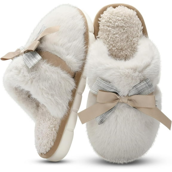 Womens Slippers Memory Foam House Slippers for Women Fuzzy Plush Comfy Faux Fur Slippers with Butterfly Tie Anti-Skid House Shoes Indoor Outdoor