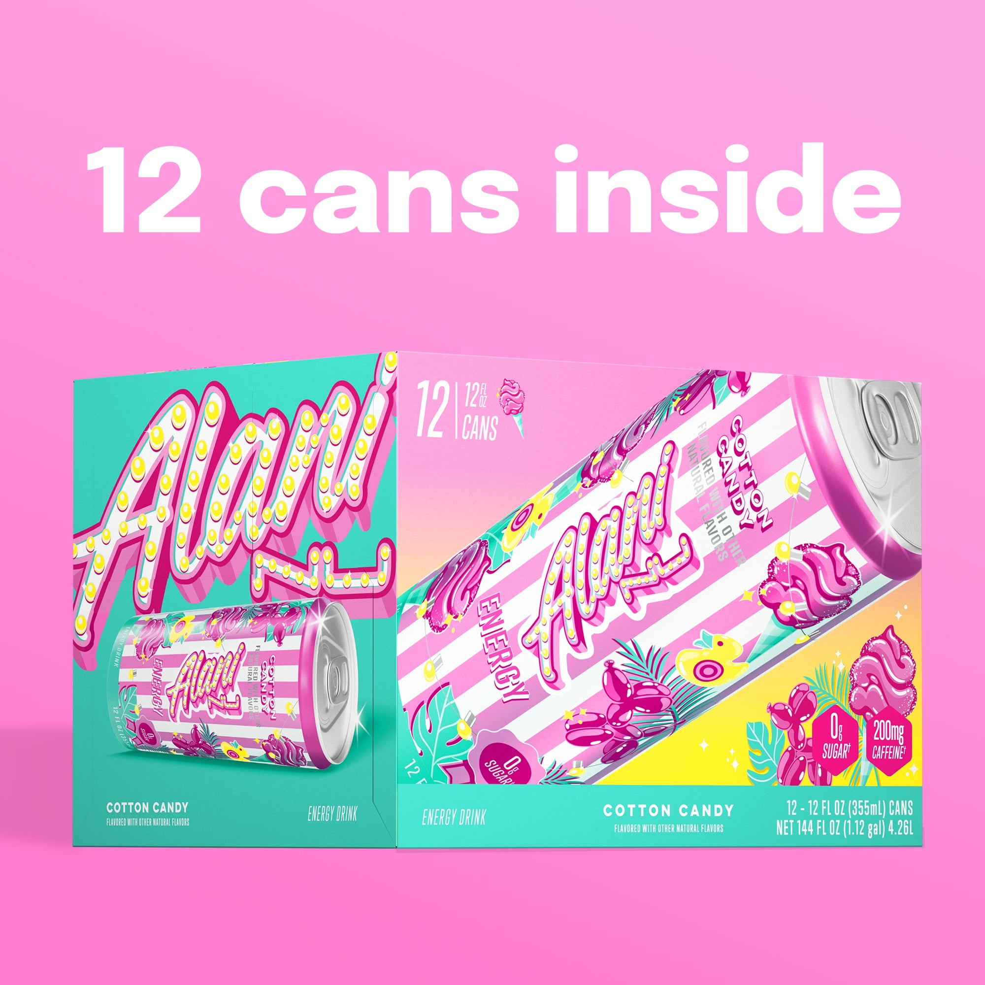Alani Nu Sugar Free Energy Drink,Cotton Candy, 12 fl oz, 12 Pack, Cans, 200mg Caffeine