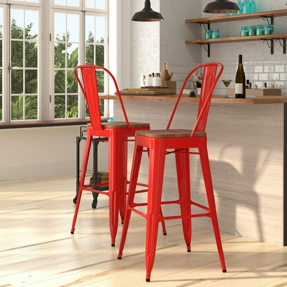 Merrick Lane 30" Tall Red Metal Bar Height Dining Stool with Curved Slatted Back and Textured Wood Seat