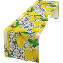 Italy Blue Tiles Table Runner, Italian Lemons Summer Table Runner for Dinning Room Farmhouse Dinner Runner Home Kitchen Dresser Decor for Party Holiday 13"x70"