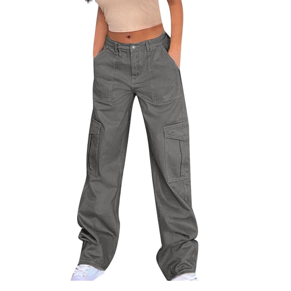 XFLWAM Cargo Pants for Women High Waisted Casual Pants Baggy Straight Wide Leg Trousers Y2K Streetwear with Multiple Pockets Gray S