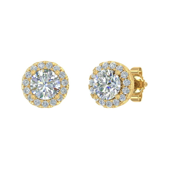 1 Carat Round Diamond Halo Stud Earrings in 14K Yellow Gold