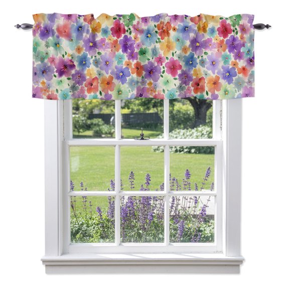 Spring Color Floral Valances for Windows, Watercolors Wildflowers Fields Retro Linen Valance Window Treatment Rod Pocket Short Curtains Valances for Kitchen Bathroom 54"W x 18"L