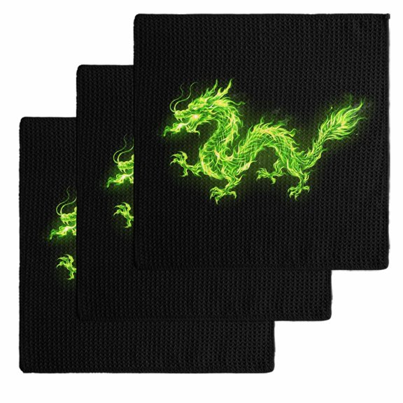 Dragon Flames Kitchen Dish Towels for Drying Dishes Set of 3, Green Dragons Abstract Modern Art Waffle Weave Microfiber Hand Tea Bathroom Towels Quick Dry & Absorbent Towel 12x12