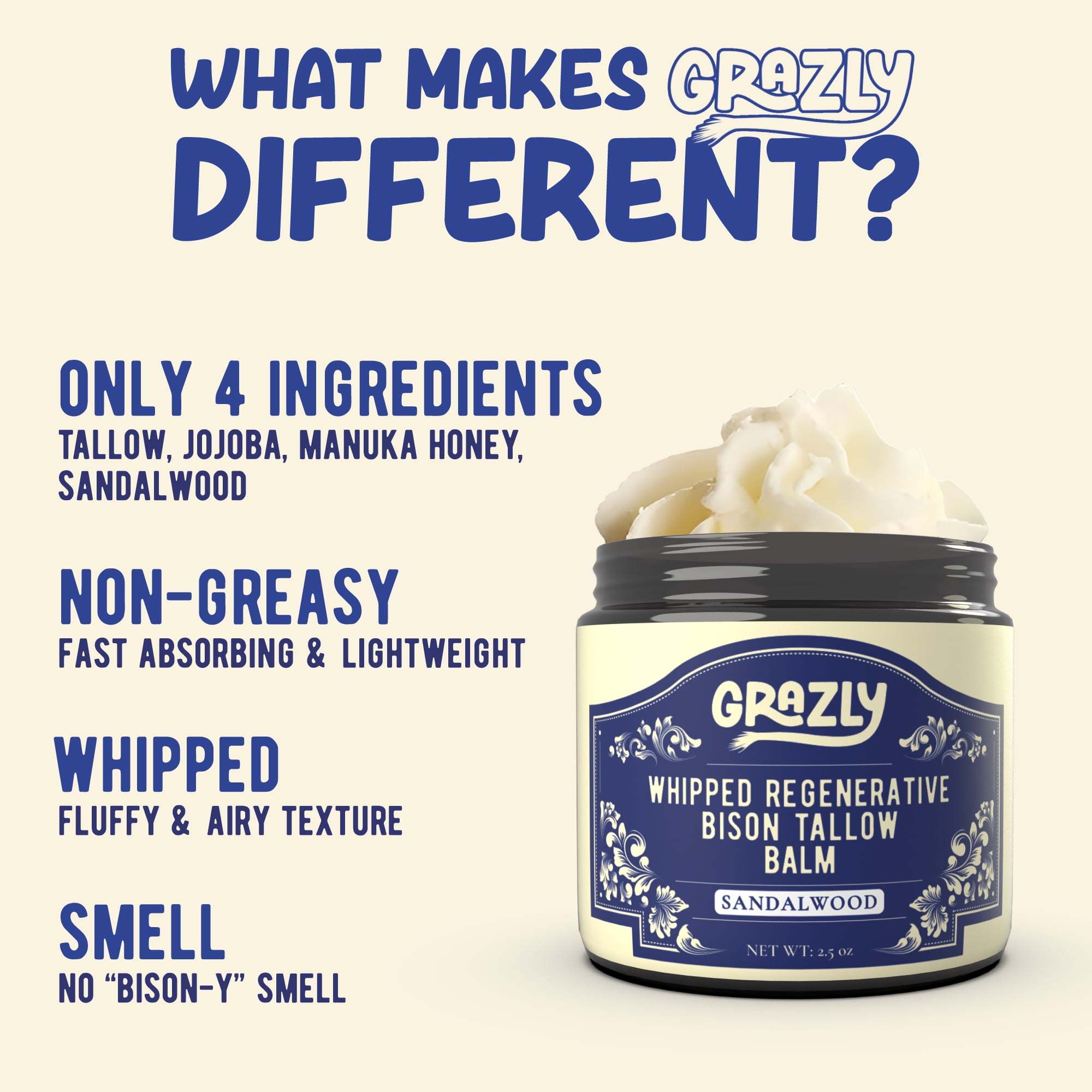 Grazly Sandalwood Whipped Bison Tallow Balm with Manuka Honey & Jojoba Oil - Grass-Fed & Finished Organic Tallow Face Moisturizer - Face & Body Cream for Acne-Prone Skin - Nourishing Skincare - 2.5oz