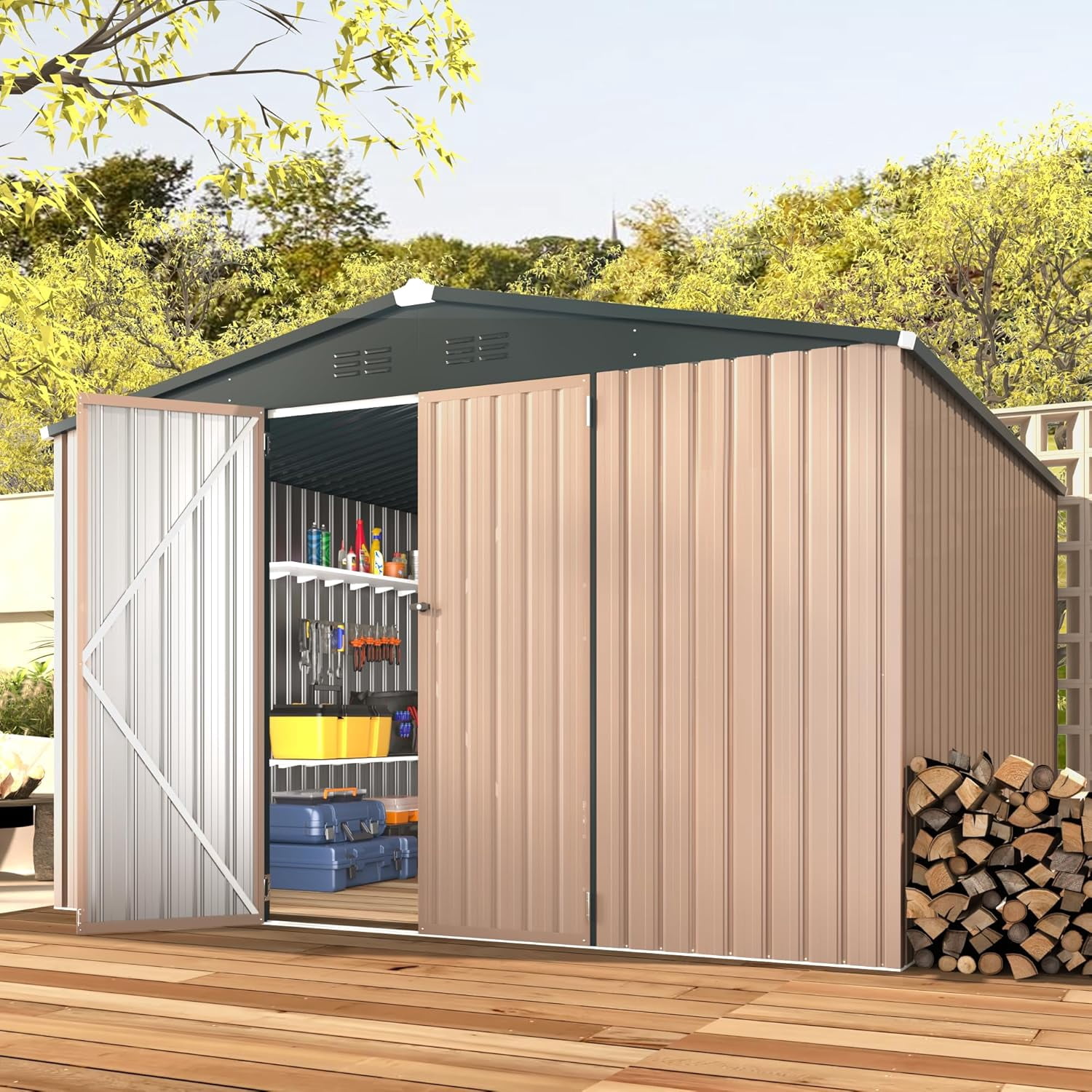 YODOLLA 10 x 10 ft. Outdoor Metal Storage Shed with Sliding Roof & Lockable Door in Brown for Patio, Garden& Backyard