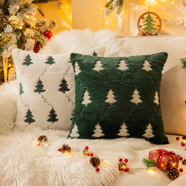 Christmas Tree Embroidered Throw Pillows Set of 2 Packs, Winter Soft Fluffy Christmas Decorative Throw Pillow Covers Decor for Home Sofa Couch Bed Room