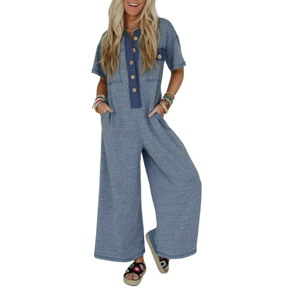 Chic Women's Beau Blue Half Placket Wide Leg Jumpsuit with Chest Pockets - [ZhiHiMeRi] | (US 12-14)L