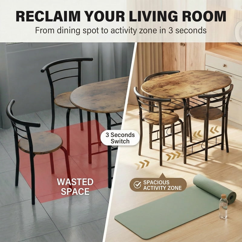 Vineego 3-Piece Dining Set for 2,Small Space Saving Kitchen Breakfast Table and 2 Wooden Chairs,Brown